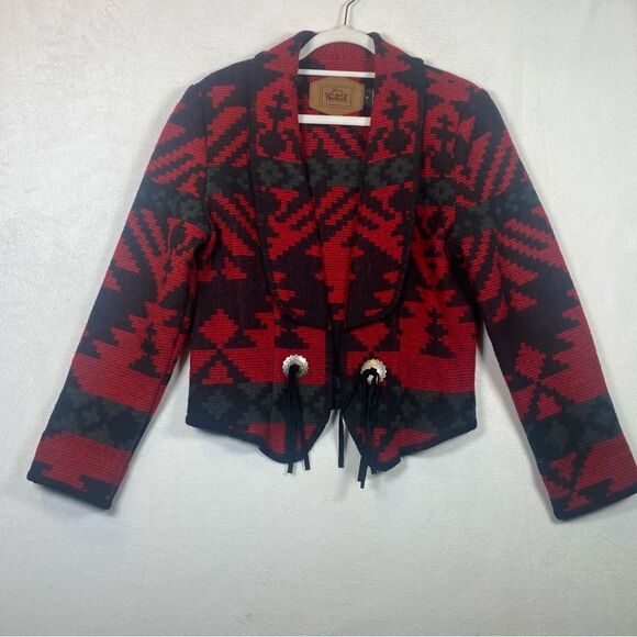 Vintage Woolrich Southwestern Concho Jacket Red Black Geometric Design Size M - Picture 1 of 14